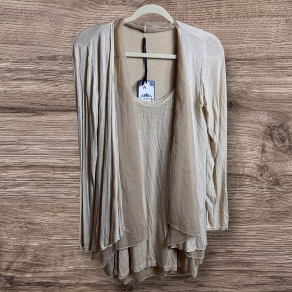 NWT Tempo Paris tan Cami with silk blend layered cardigan. Small tan.